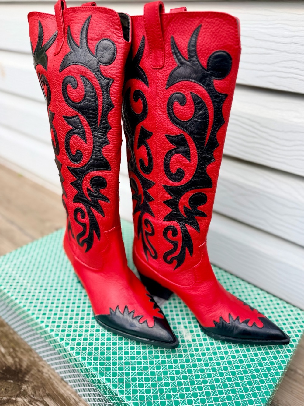 Vintage J. Renee ROGERS Red Black Leather Cowboy Boots 7.5W NIB Flame Y2K - Picture 12 of 14